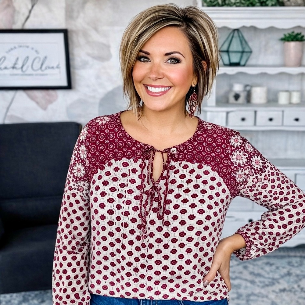 Cottagecore‎ Feminine Floral Peasant Top Tie Neck Burgundy Cream MP